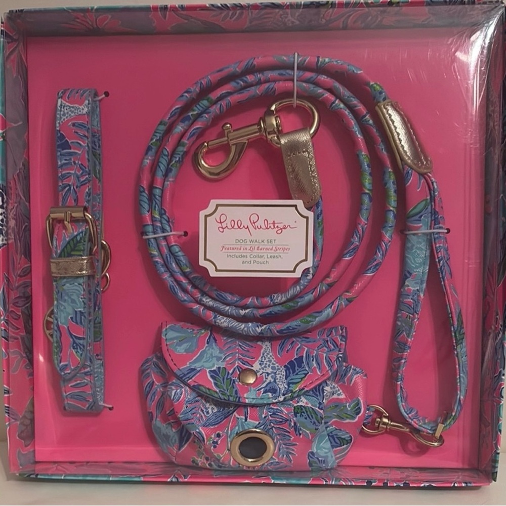New Lilly Pulitzer Dog Leash, pouch & Collar Set - Pink and Blue